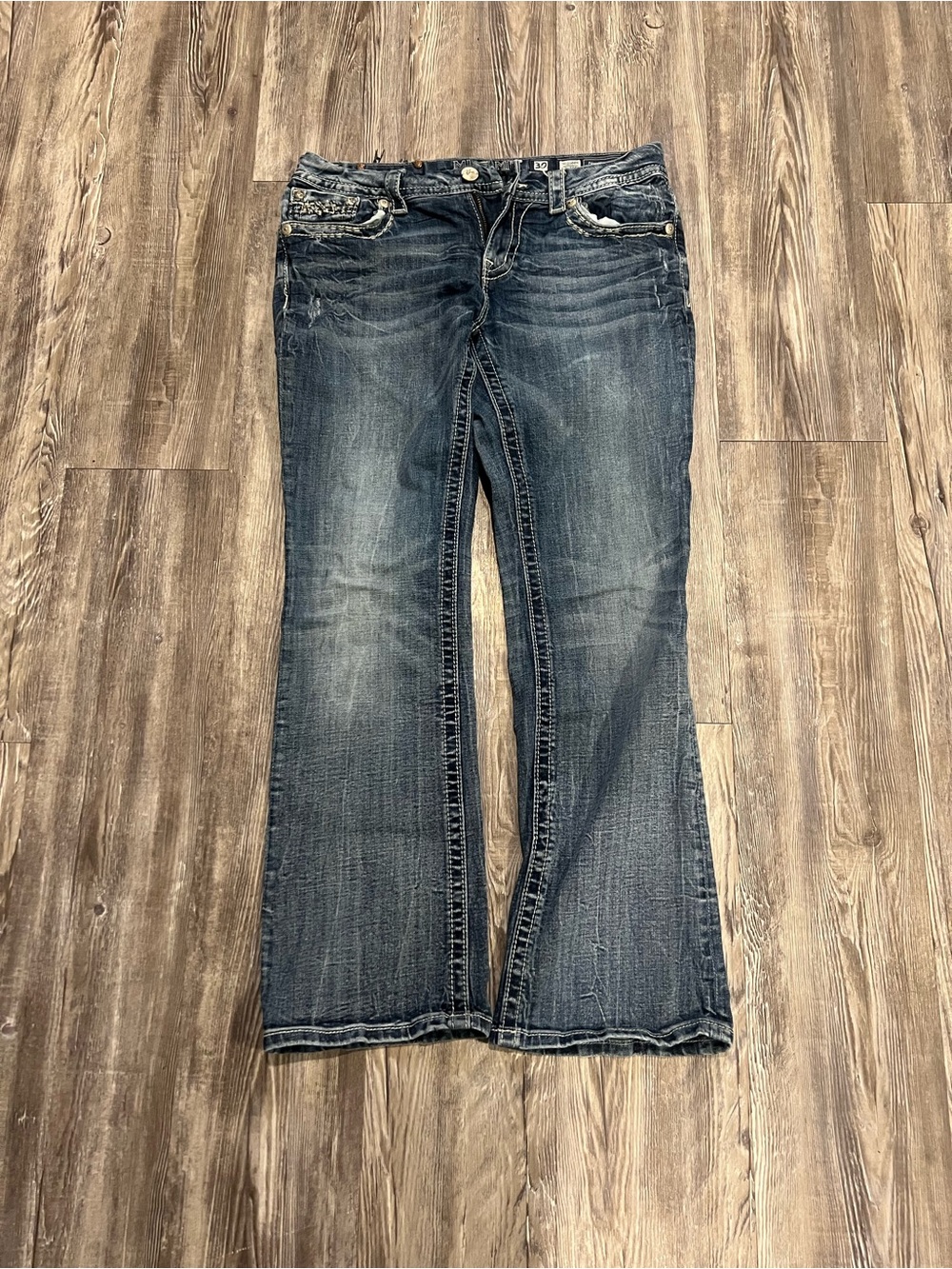 Miss Me Dark Blue Boot Cut Jeans with Faded Whiskering